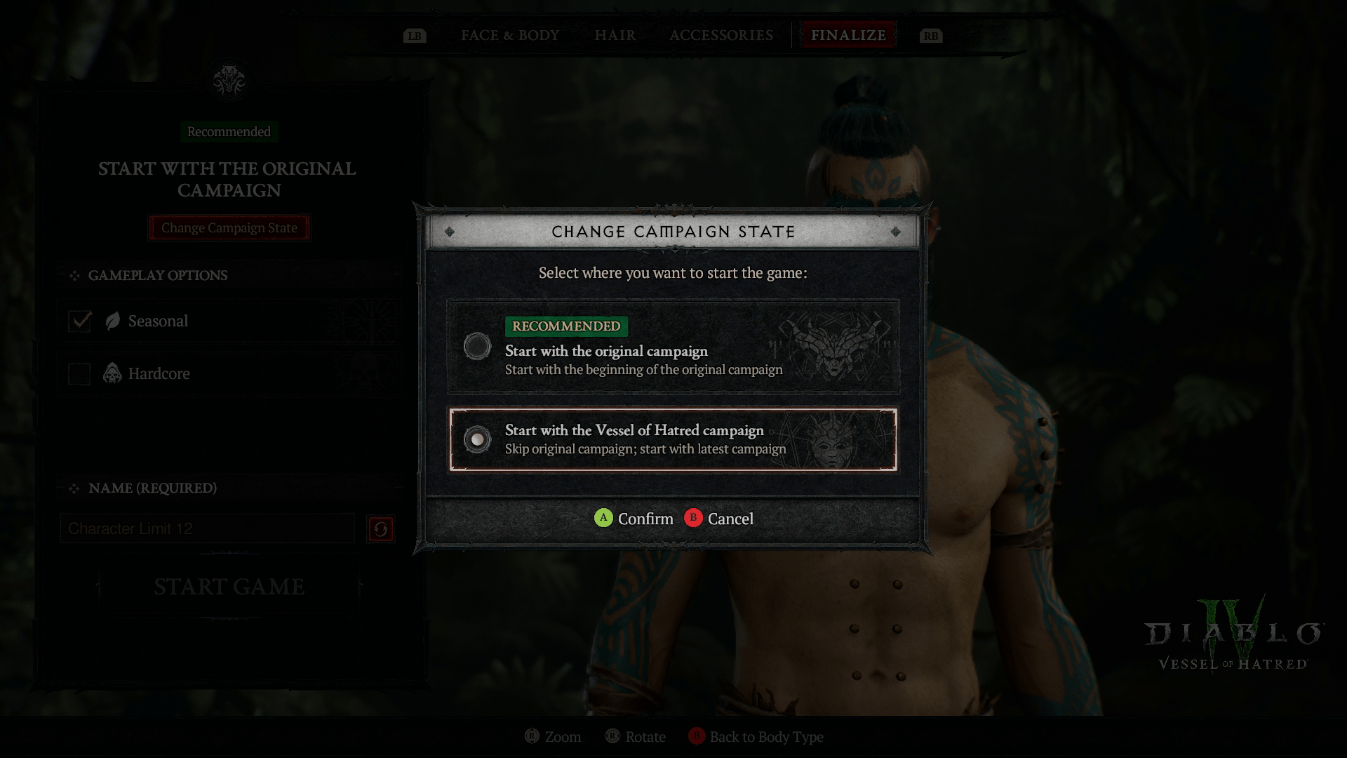 A “change campaign state” screen in Diablo 4: Vessel of Hatred