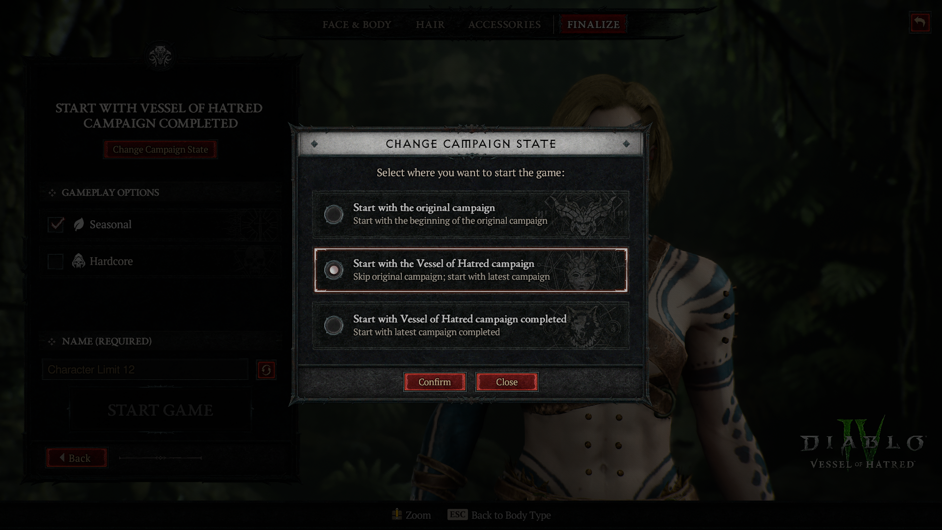 A Change campaign state screen with the additional option to skip the Vessel of Hatred campaign