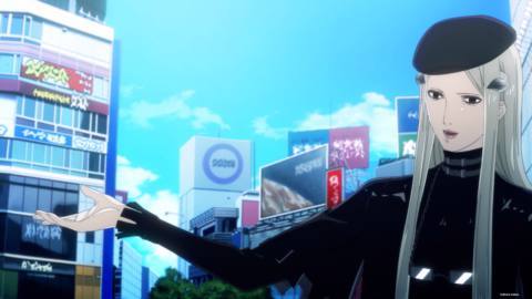 Moore, a character with long silver hair and a black beret, stands in front of a modern-day city, gesticulating towards it in Metaphor: ReFantazio