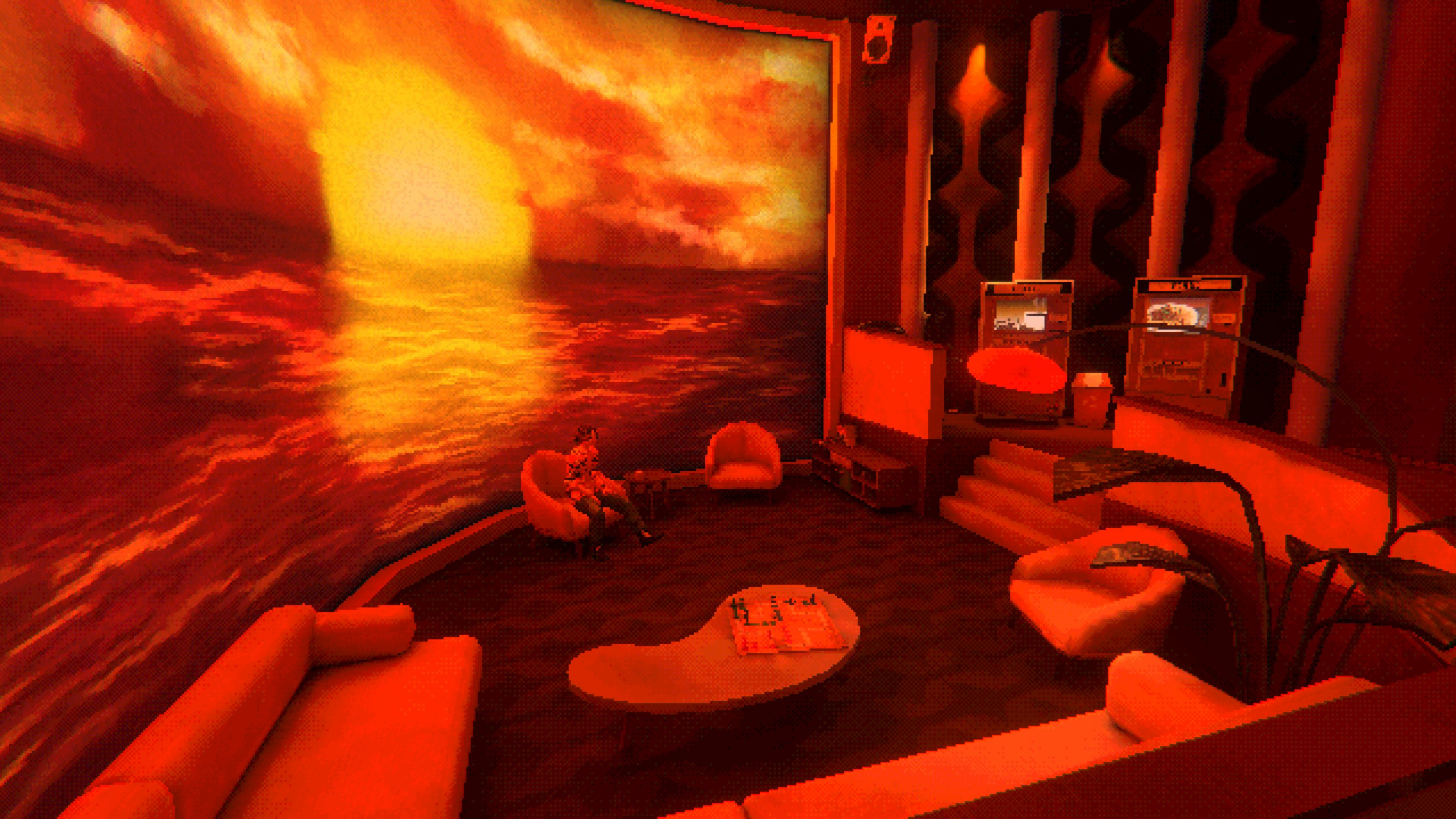 Tulpar lounge post-crash, bathed in orange by locked sunset screen.