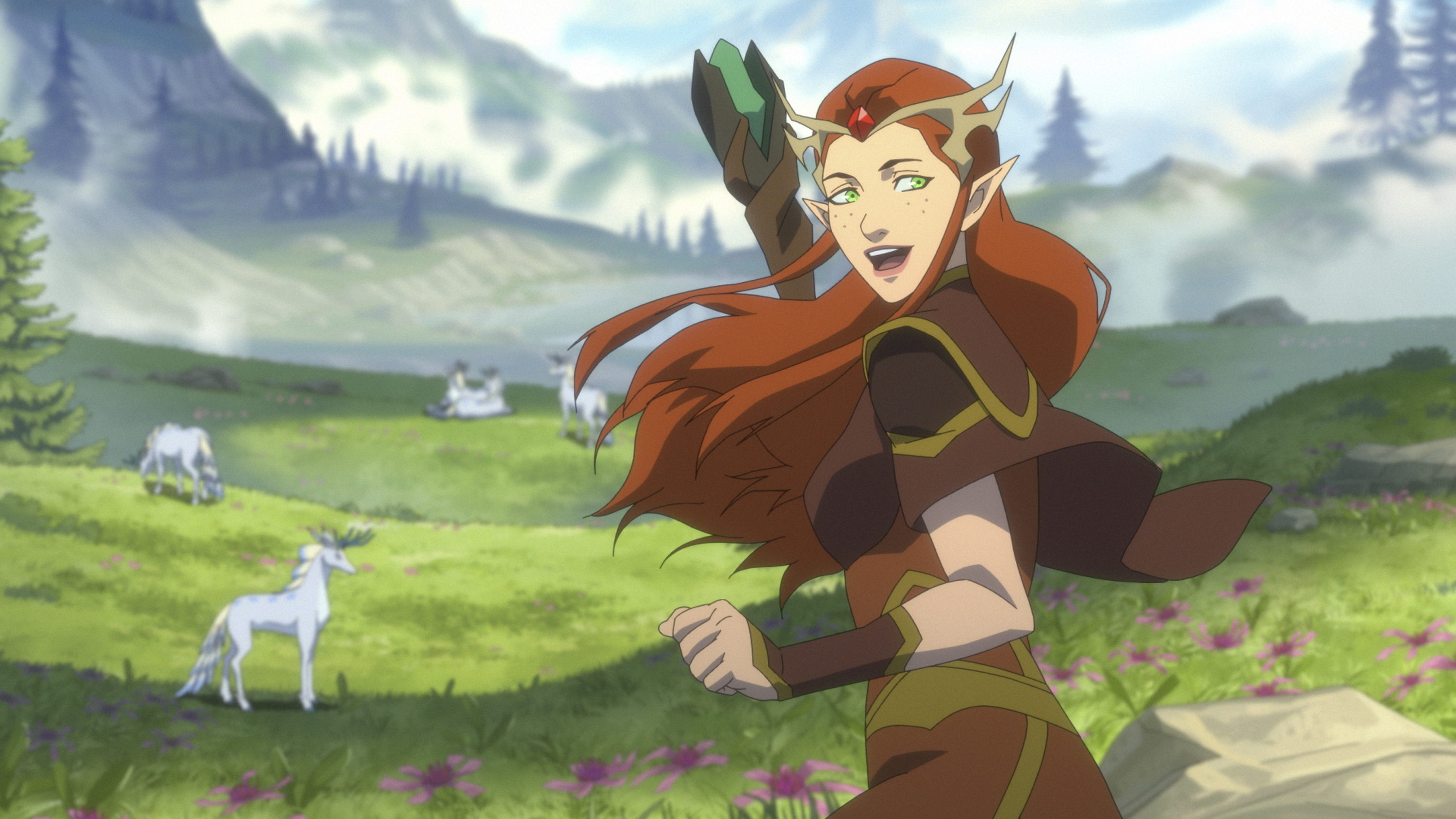 Keyleth standing in front of a lush green meadow, looking over her shoulder as her hair blows in the wind in The Legend of Vox Machina