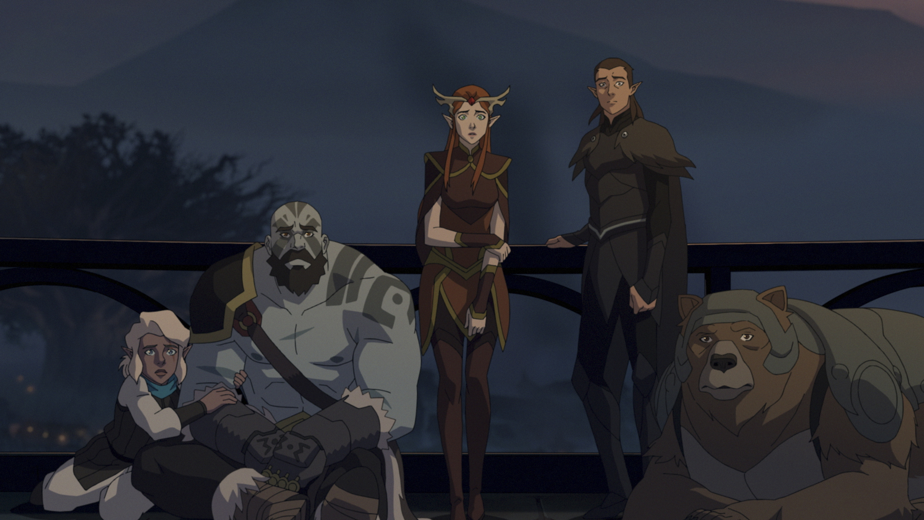 Grog, Pike, Vax, Keyleth, and Trinket gather on a darkened balcony in a still from Vox Machina