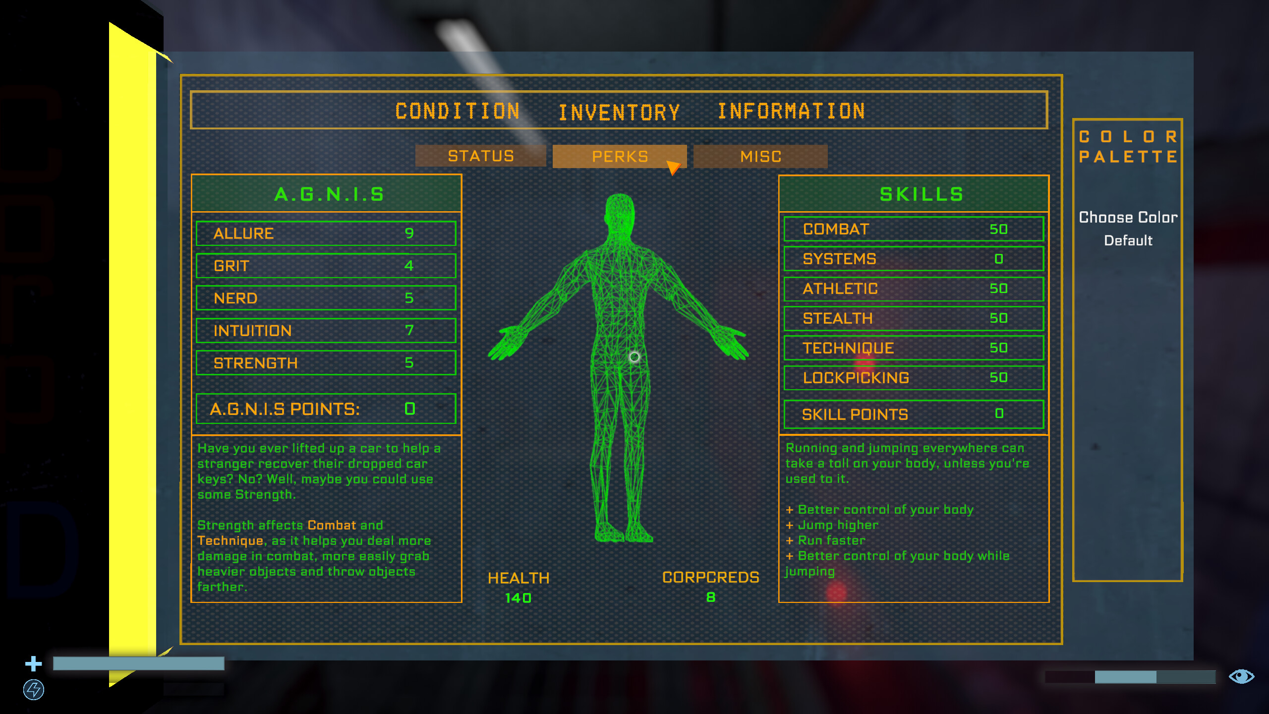 The character stats screen in Corpus Edax, showing a character’s statistics and skills over a 3D mesh of the human body.