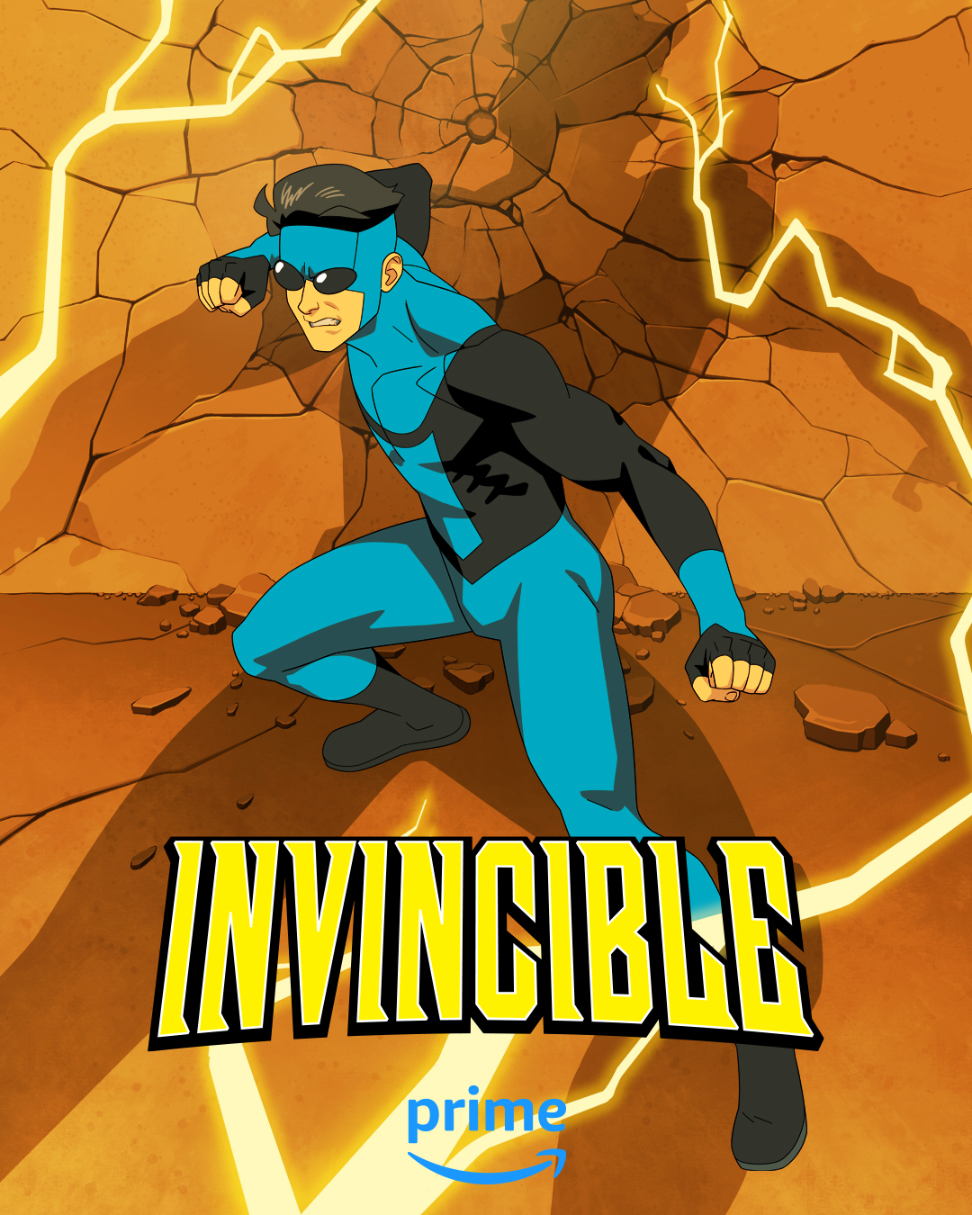 Mark Grayson as Invincible wearing a blue-and-black suit in promotional art for season 3. He strikes a fighting pose while standing in front of a wall of rock that has been punched, while a shadow looms before him