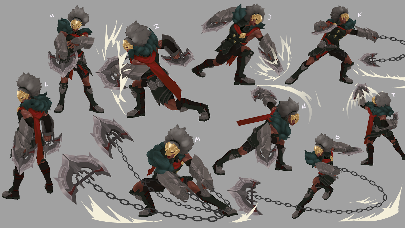 League of Legends concept art for Ambessa Medarda, the Matriarch of War. She is an armored woman with heavy furs, a gold mask, grey hair pulled back, and a distinctive red scarf. The concept art shows her fighting with her chained gauntlets, the Twin Drakehounds.