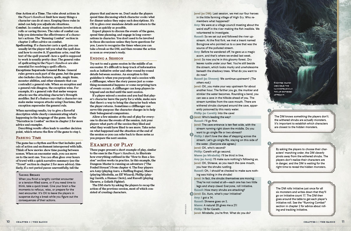 Pages 10 and 11 from the Dungeon Master’s Guide show examples of play, including narration of player and DM actions cross-referenced to the appropriate rules.