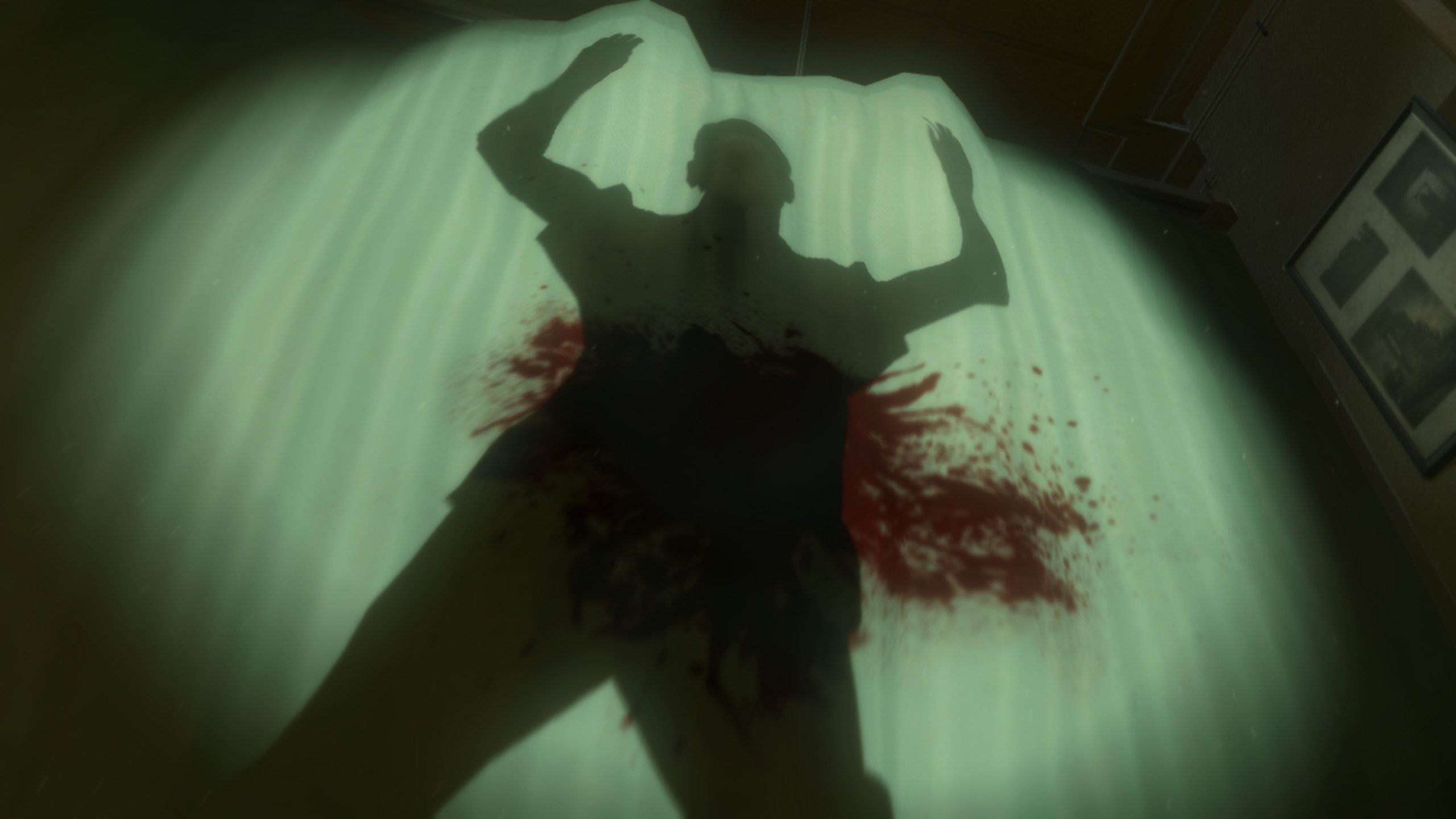 The silhouette of a man being shot with his blood splattered on the surface of a hospital curtain in Metal Gear Solid 5: The Phantom Pain.