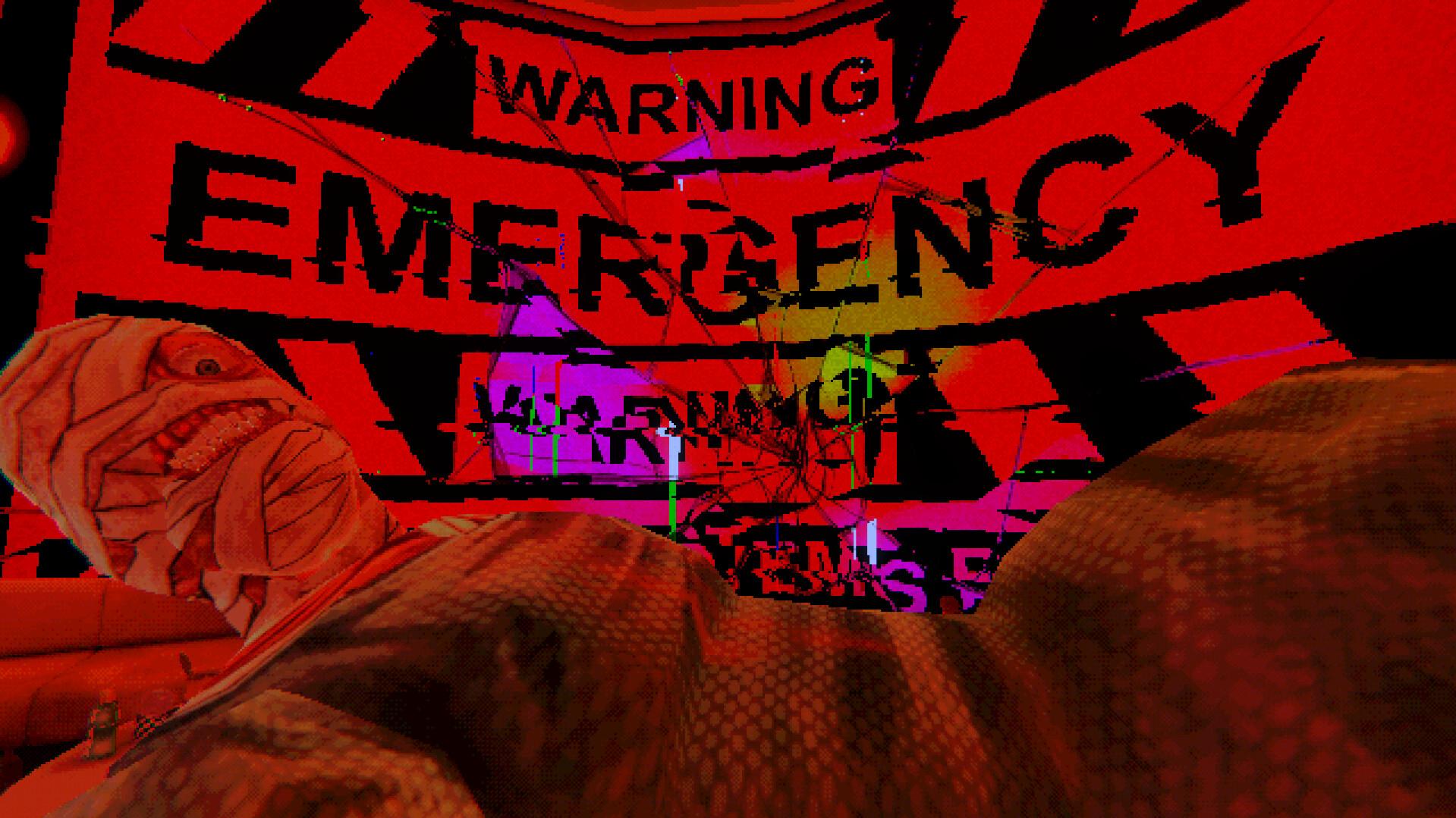 Curly, the maimed, burned, and bandaged captain of a courier sip, looks at the player with a livid eye. He is laying next to a broken emergency warning screen.