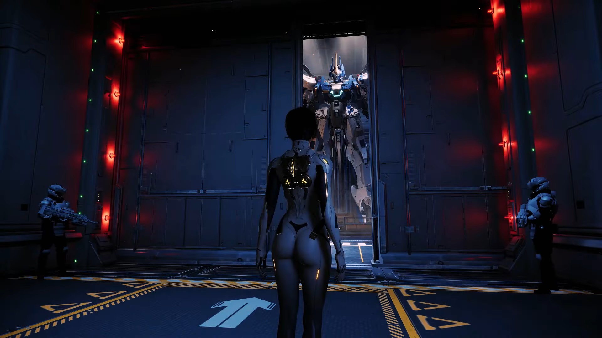 Pilot viewing their mech through a cracked industrial scale door in the hangar in the videogame Mecha Break