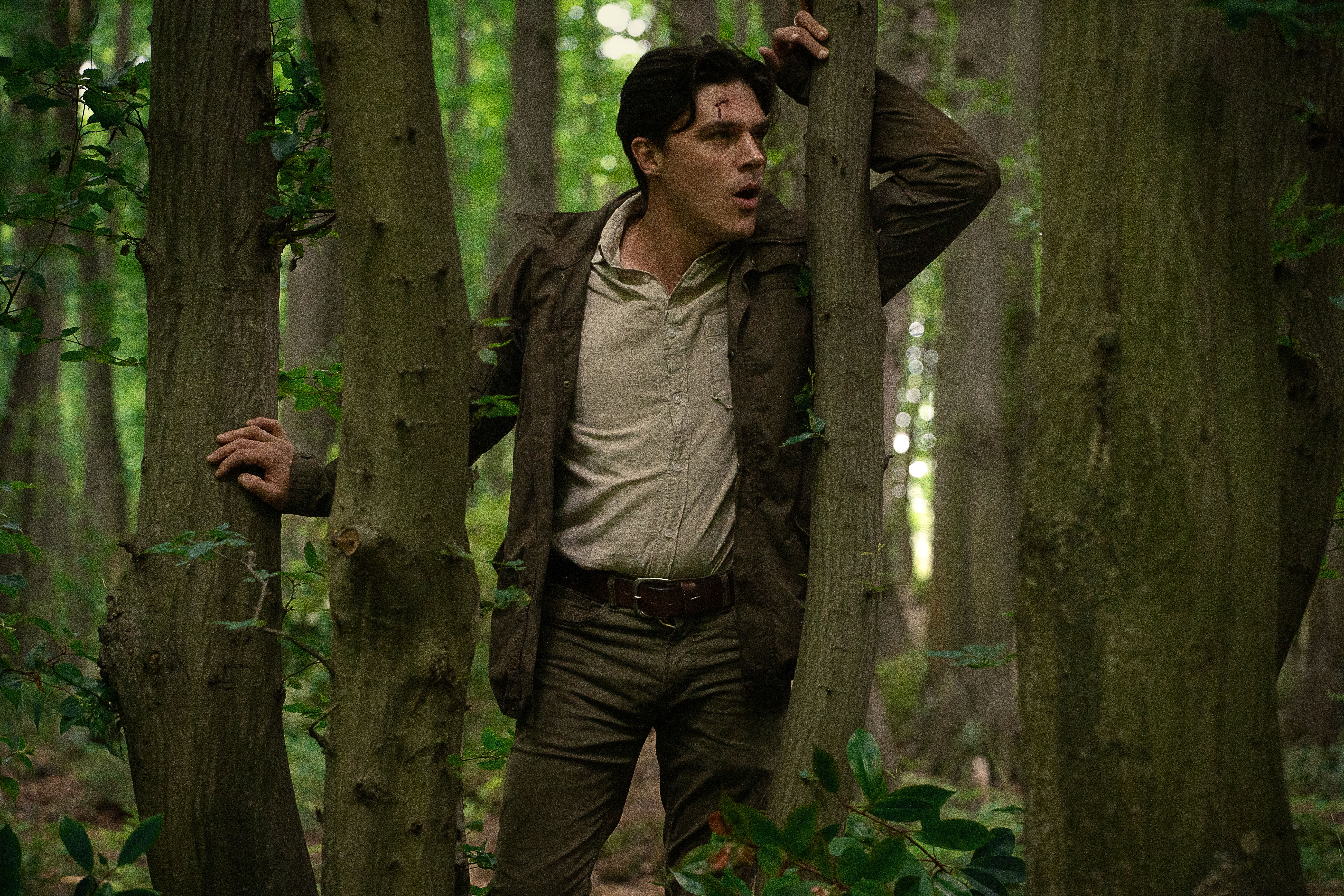 Finn Wittrock stands in a forest leaning on a tree in Don’t Move. He has blood on his forehead.