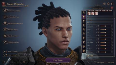 Throne and Libert's character creator, showing its abundance of eye and tearduct-related sliders.