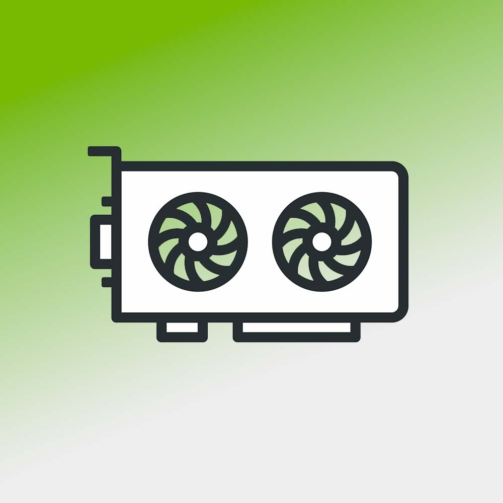 Simple outline of a graphics card on a green to grey gradient