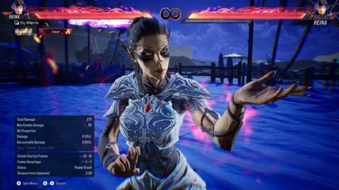 Lae'zel adopting martial arts pose with fighting game health bars visible in Tekken 8