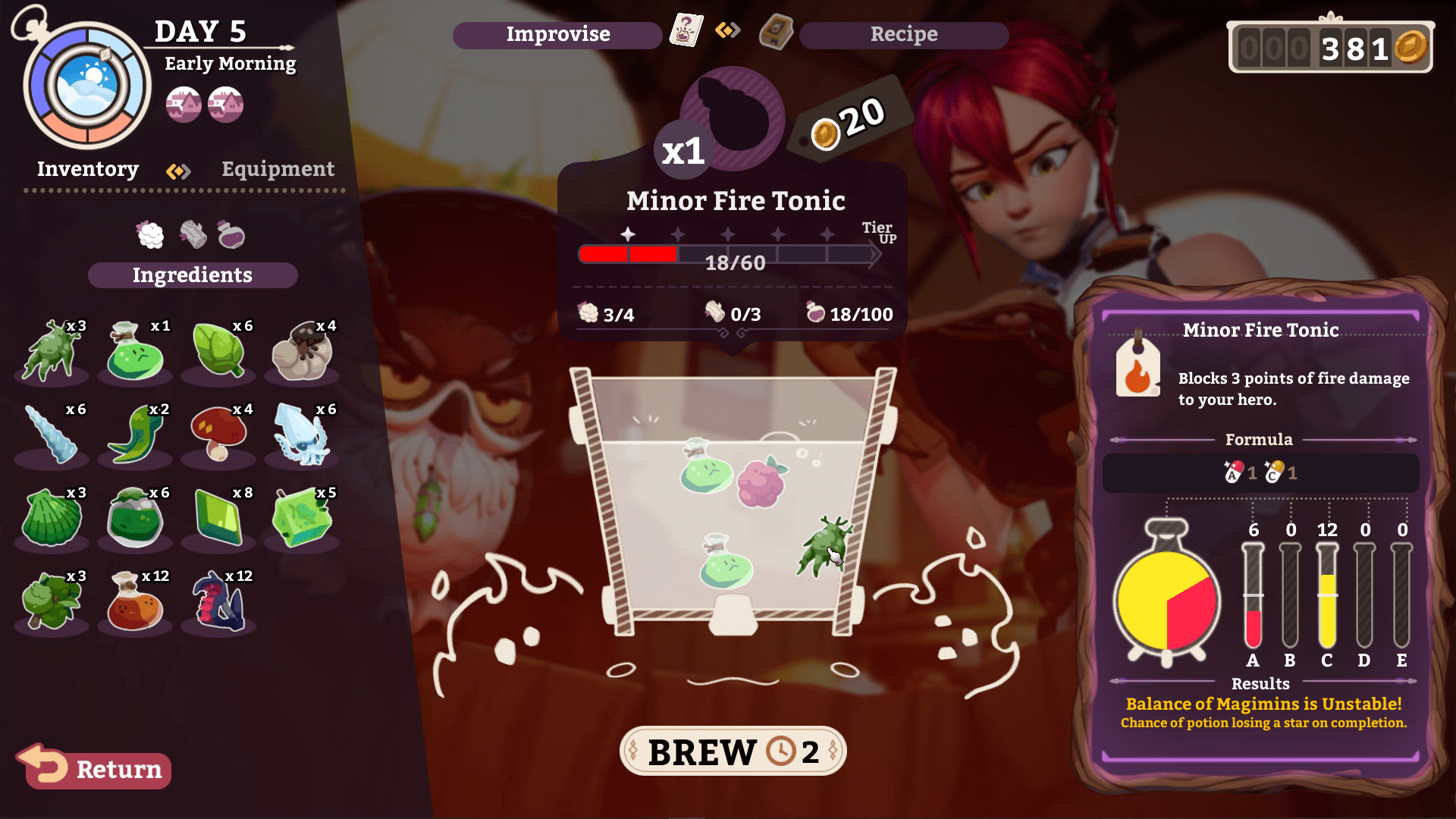 A screenshot from Potionomics showing the potion brewing minigame