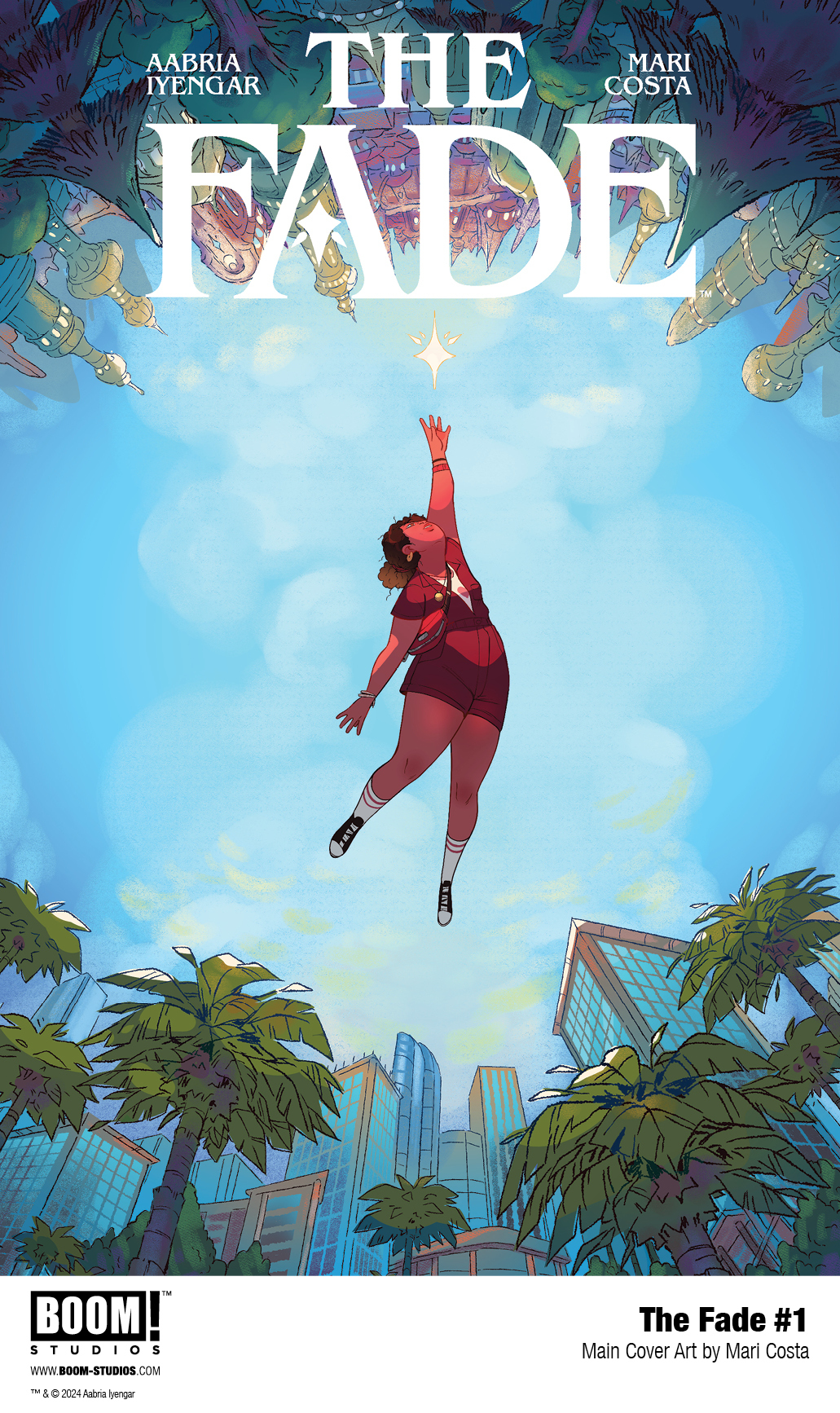 A young woman reaches for a star as she floats in a blue sky on the cover of The Fade #1