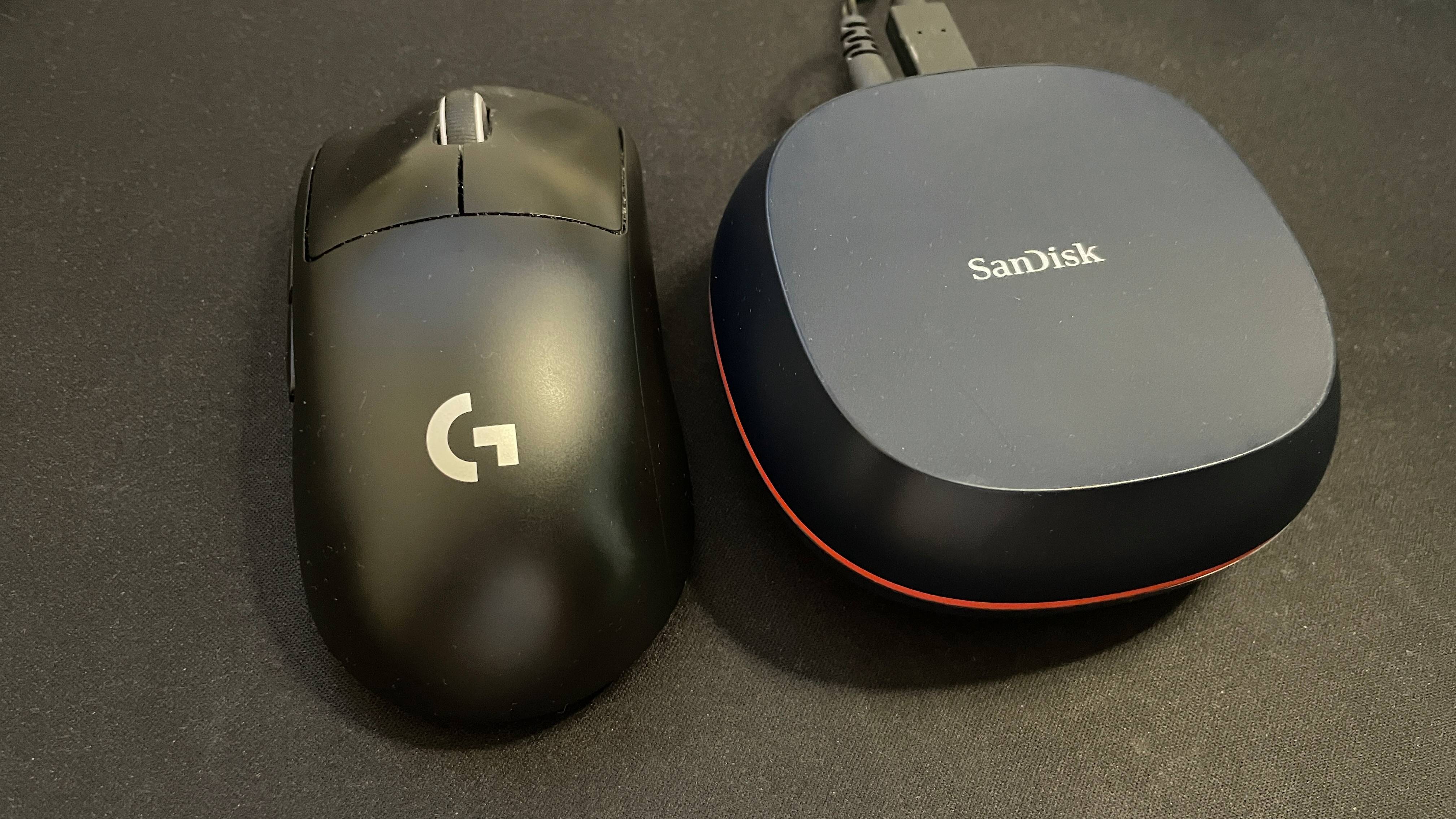 SanDisk Desk Drive external SSD size comparison next to mouse