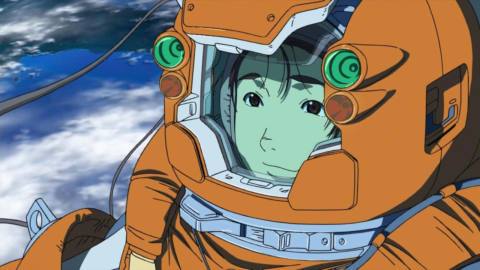 An anime woman in an orange space suit floating with the Earth visible in the background in Planetes.