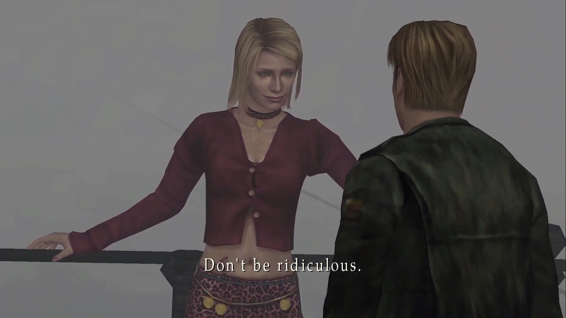 Maria speaks to James Sunderland in a screenshot from Silent Hill 2; she’s wearing the same outfit as Christina Aguilera at the 1999 Teen Choice Awards