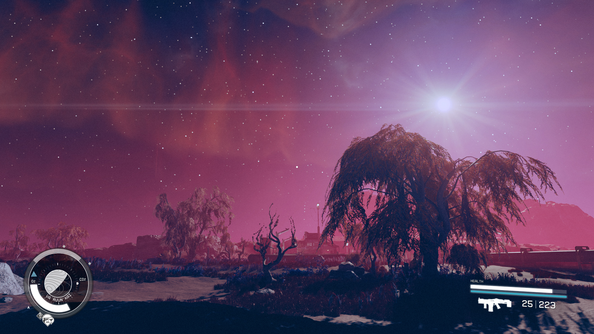 Alien landscape showing trees on a reddish planet