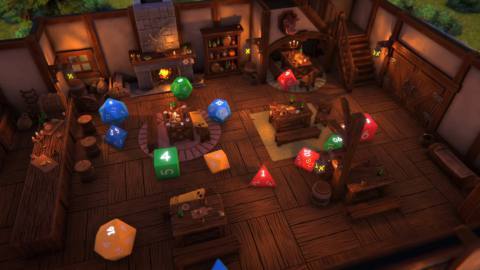 Tavern viewed from overhead perspective with multicolor plastic dice strewn throughout