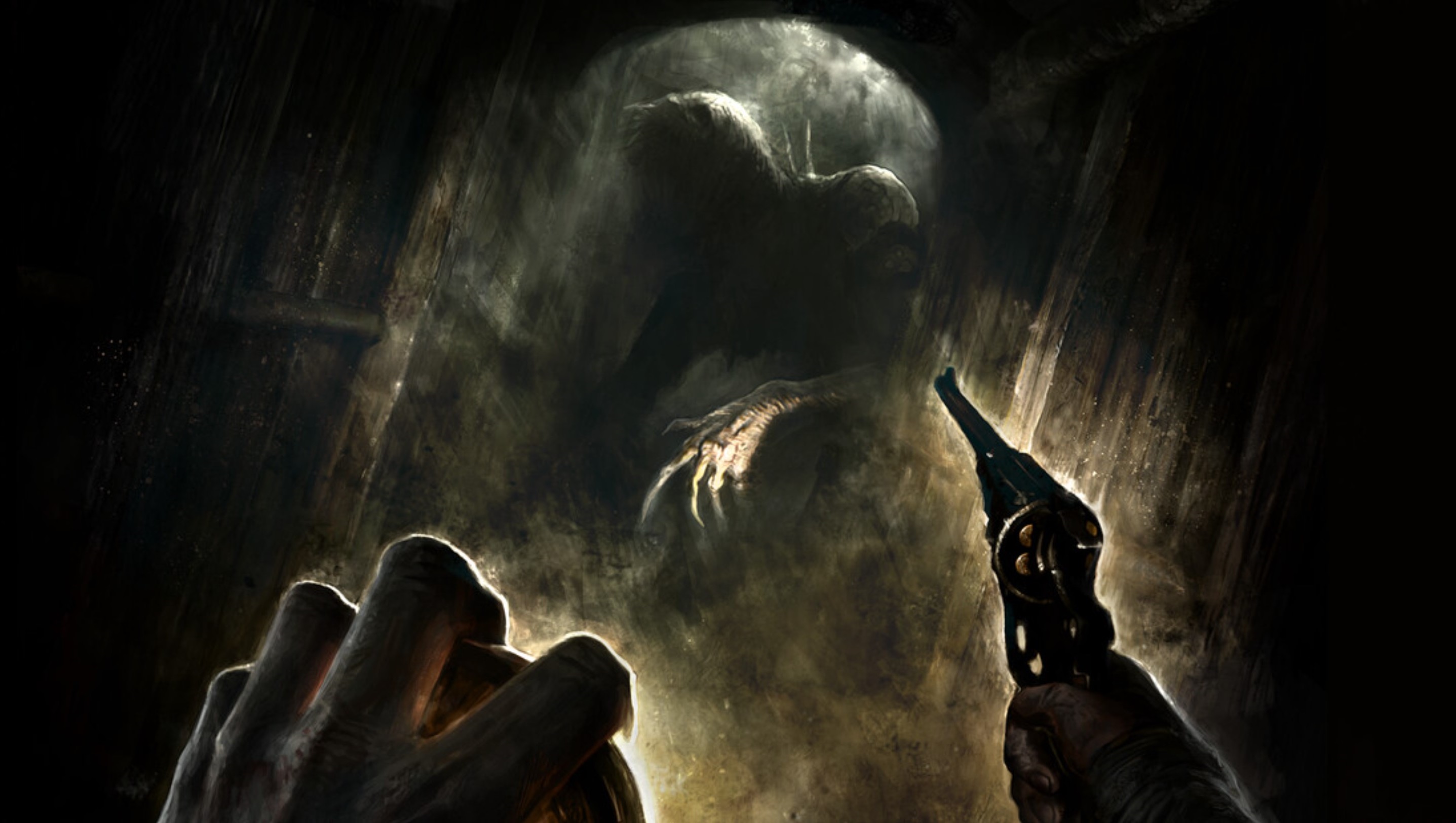 Amnesia promo image aiming revolver at The Beast