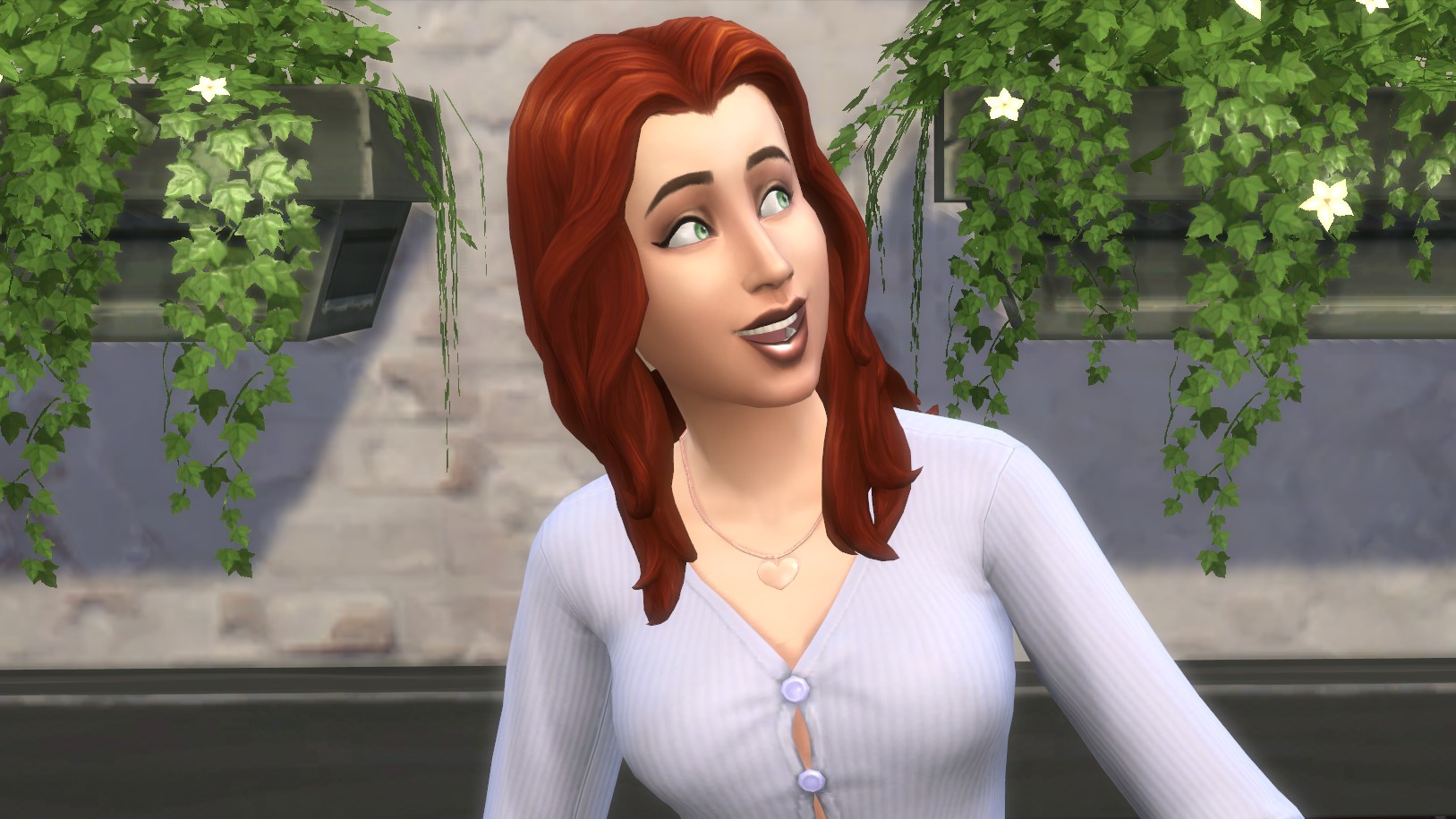 The Sims 4 - a woman with red hair and a purple top exclaims with excitement