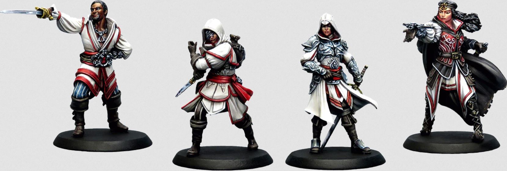 Four of the miniatures from Triton Noir’s Assassin’s Creed board game painted to a very high level.