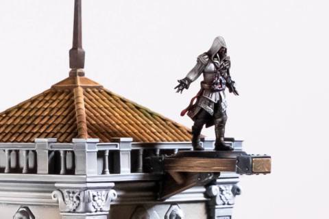 An assassin about to leap from the top of a tower. He’s only an inch tall.