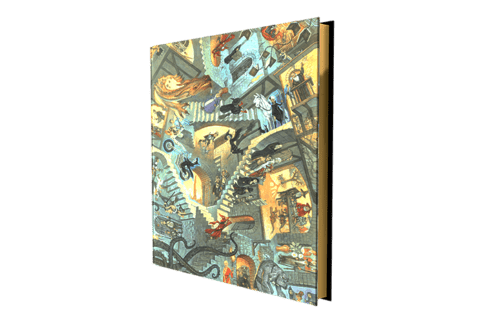 An image of a book, the cover is a painting reminiscent of M.C. Escher but covered with Discworld characters