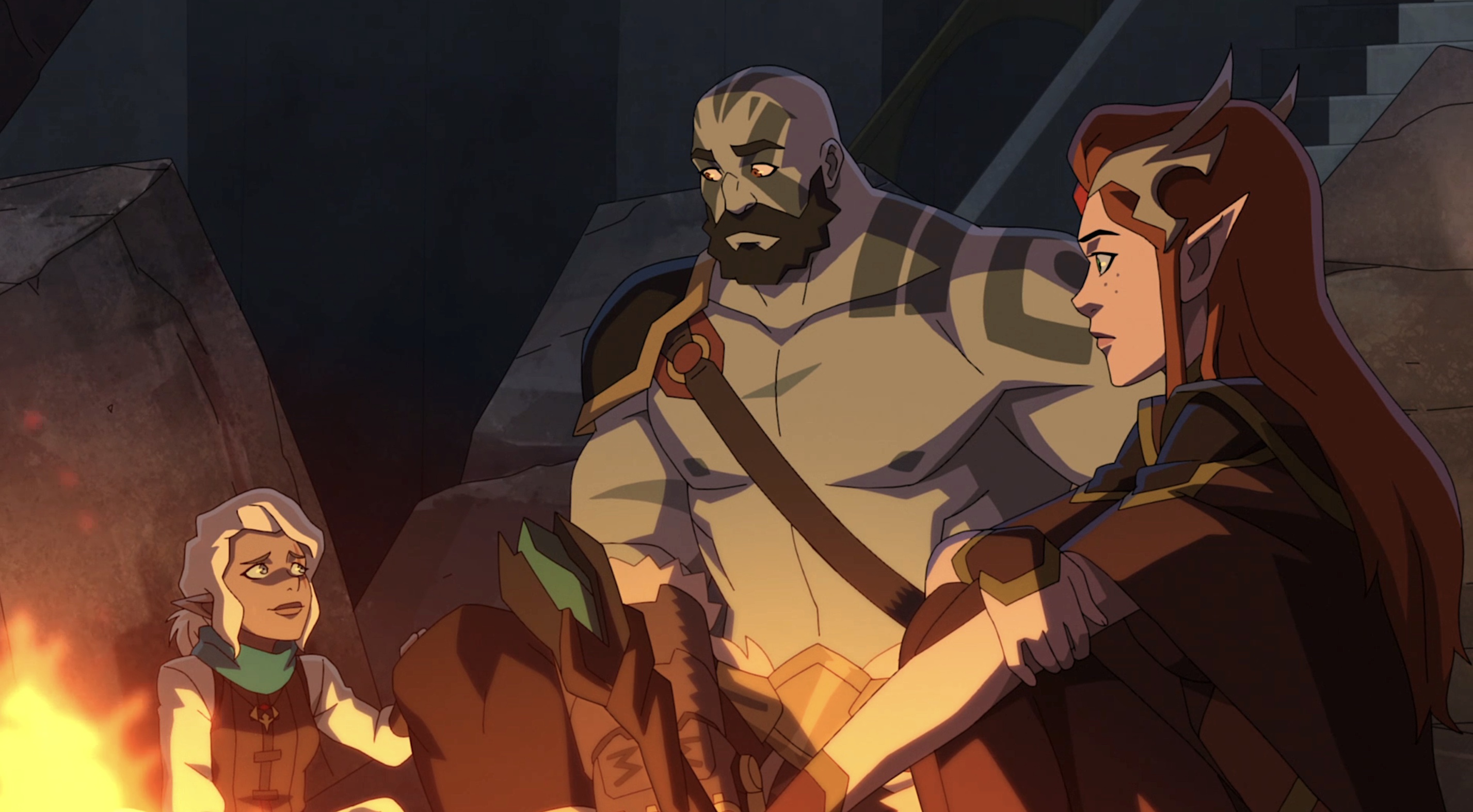 Pike, Grog, and Keyleth sit around a fire at night talking in The Legend of Vox Machina season 3