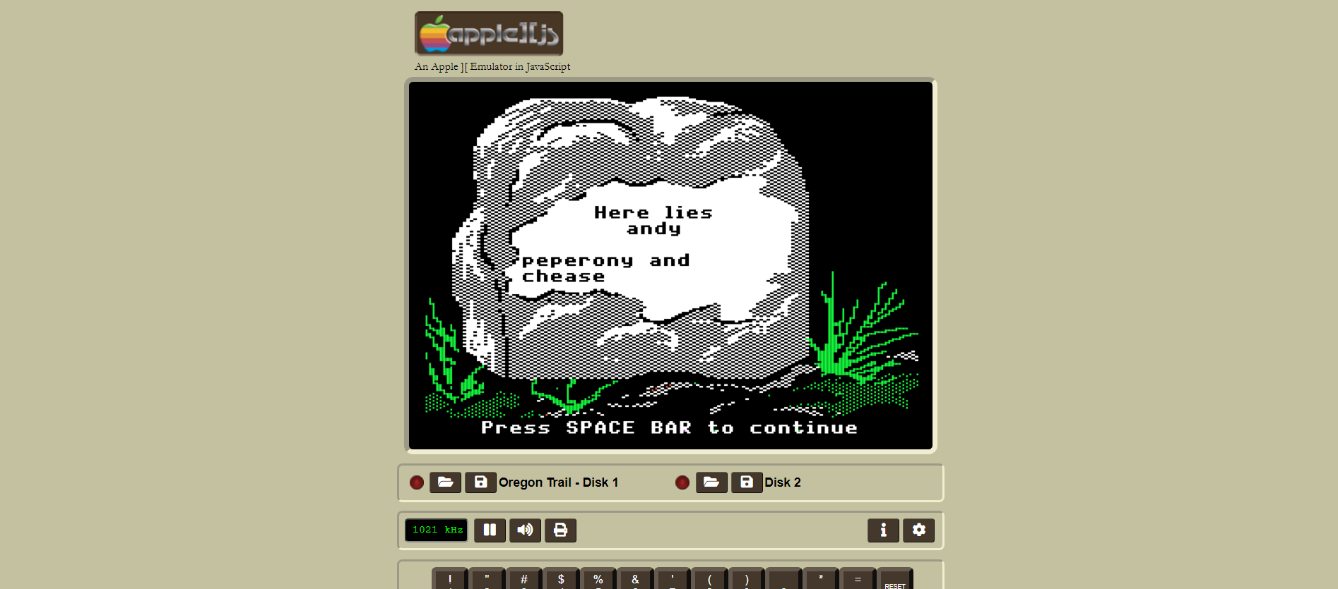 The Oregon Trail screenshot - Here lies andy, peperony and chease