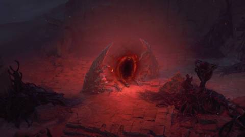 A red hellish portal glows in the darkness of Diablo 4