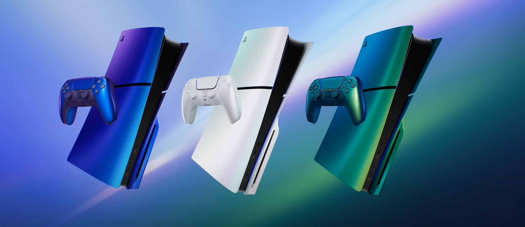A stock image of the the three new Chrome colorways available for the PlayStation DualSense Controller and PlayStation 5 console covers A stock image of the the three new Chrome colorways available for the PlayStation DualSense Controller and PlayStation 5 console covers