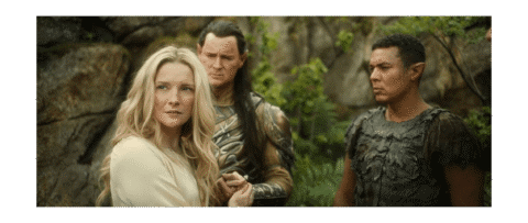 Galadriel, King Gil-galaad, and Arondir standing and looking at each other