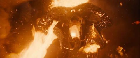 The balrog, all aflame, roars at the camera in The Rings of Power.