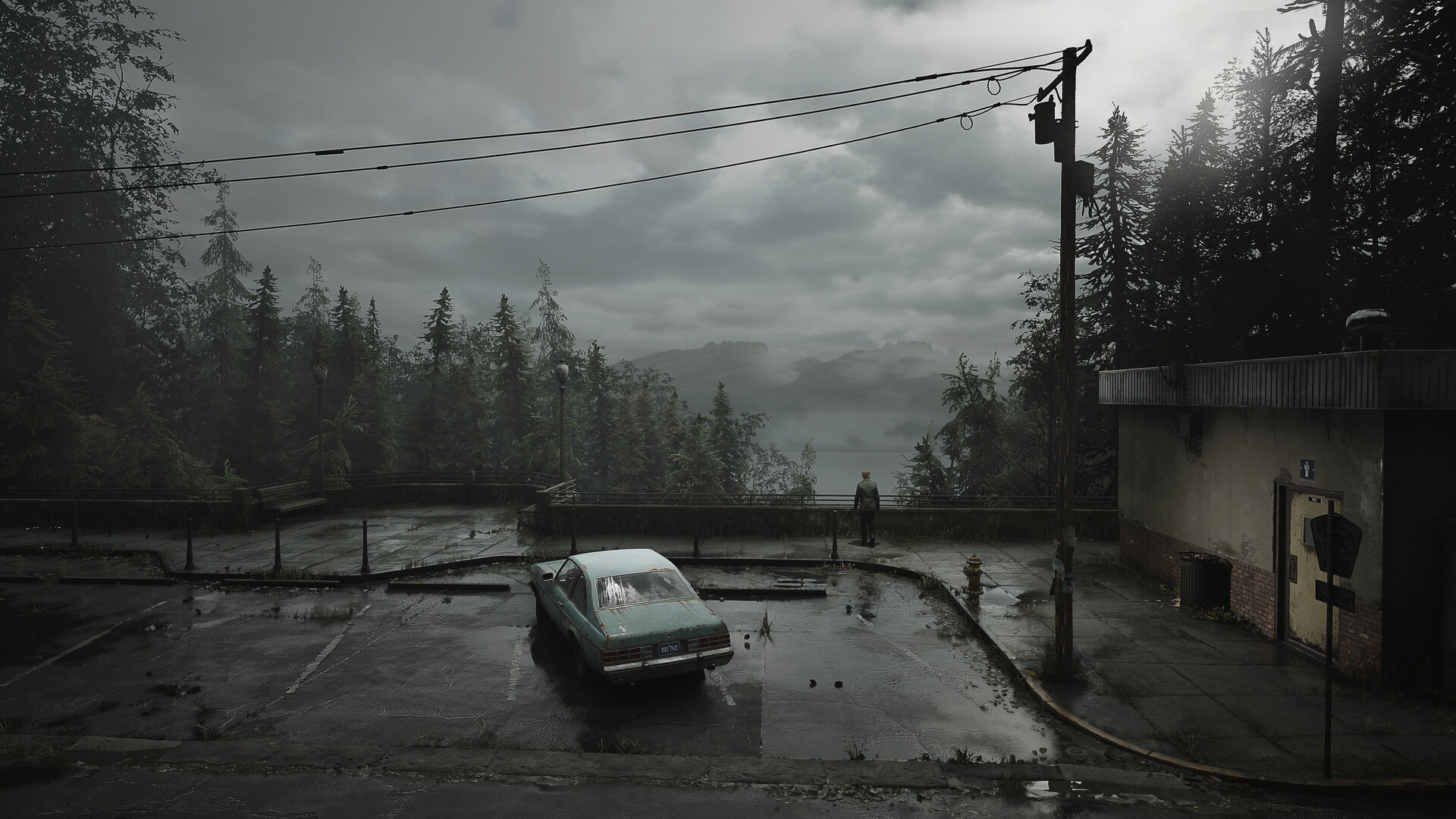 A wide shot of a car in a parking lot. A man stands outside of it, looking out at some evergreens and cloudy skies