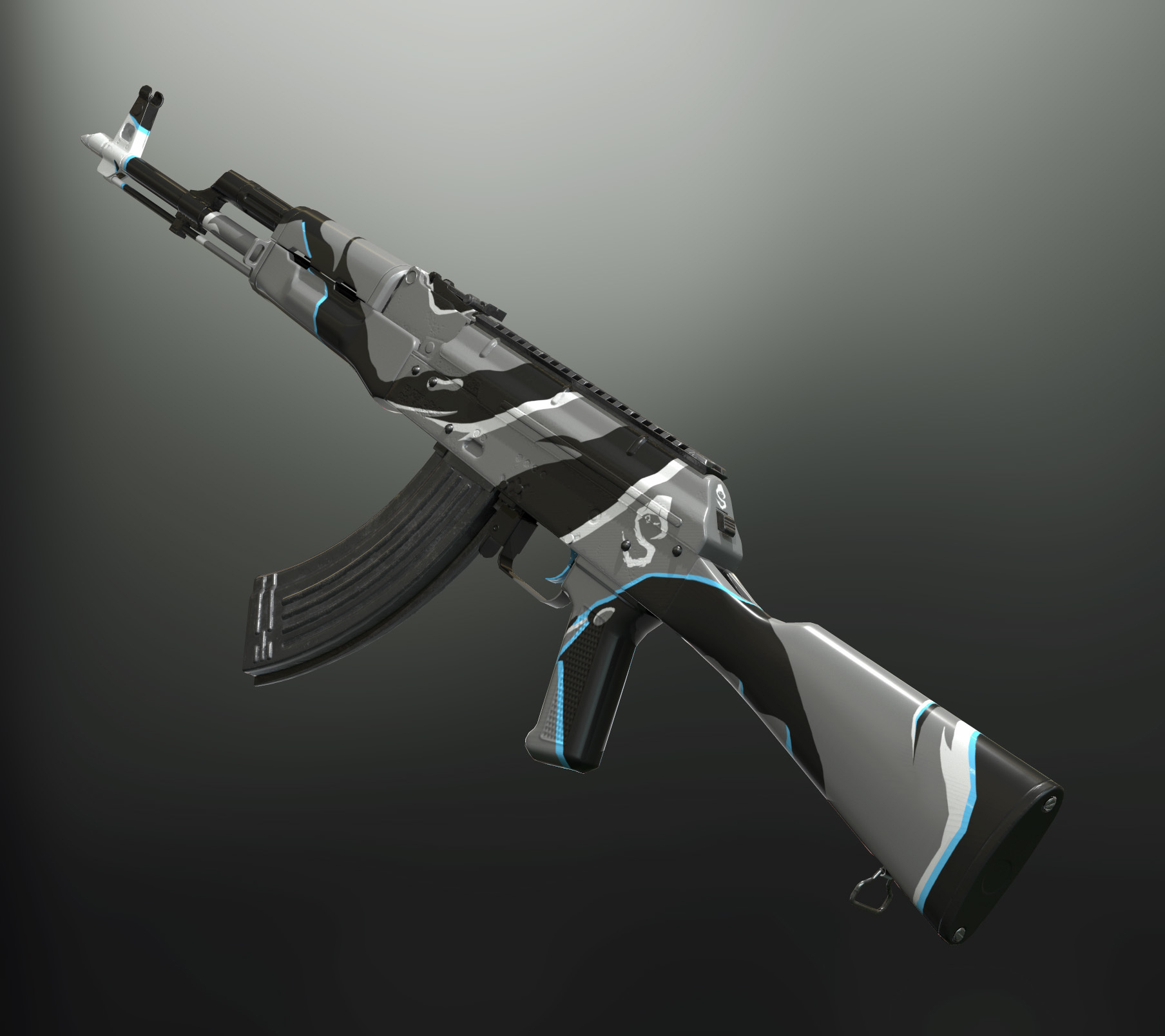 A shroud gun with a black and silver skin on it