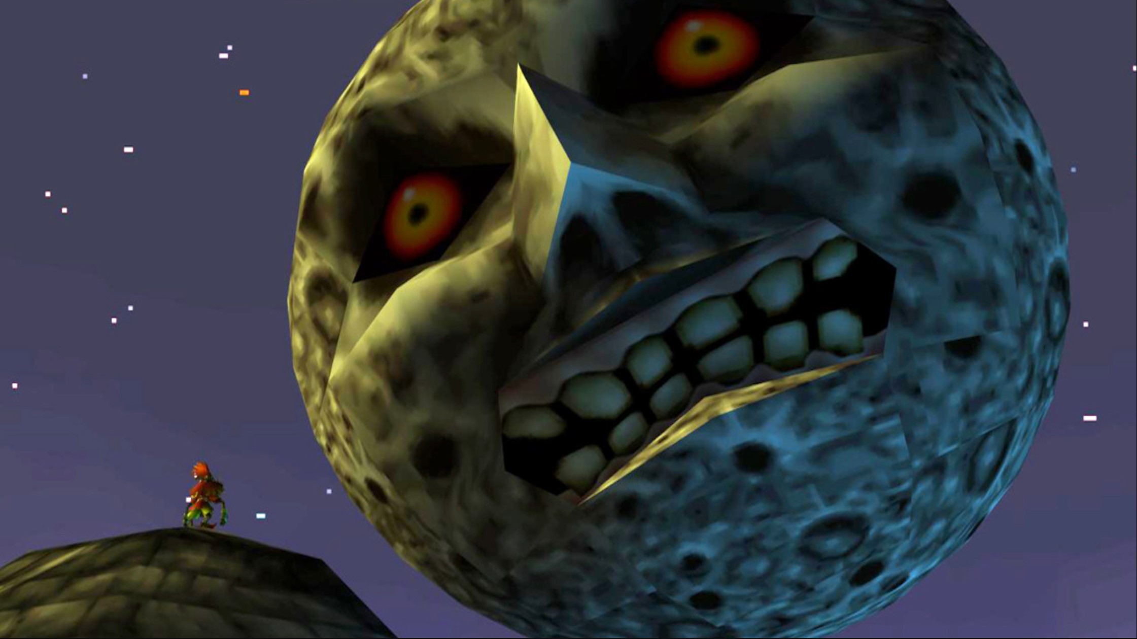 Majora's Mask moon looking down at skullkid from night sky