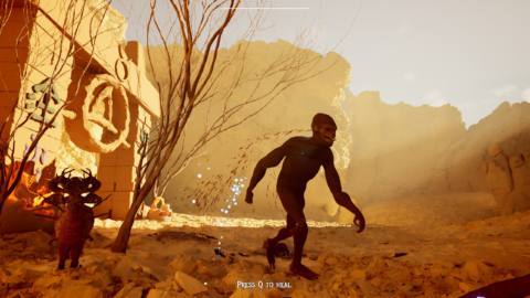 Bigfoot walking in sandstone canyon with ruins behind him in The Axis Unseen