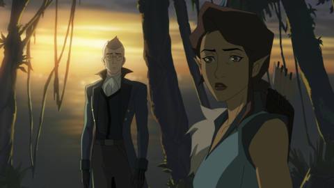 Percy and Vex standing and talking at sunset 