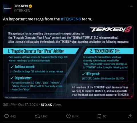 ‘We apologize for not meeting the community’s expectations:’ Tekken 8 makes a rare acknowledgement of fan backlash after failing to include a $5 stage in its season pass