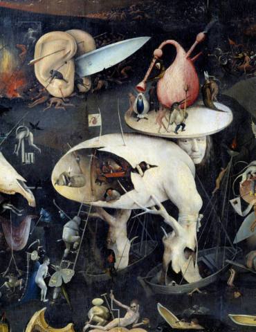 A zoomed-in photo of a section of the painting The Garden of Earthly Delights by Hieronymus Bosch. In this section, there's a large egg in a tree with part of it having been broken open; inside the egg, people are seated at a table together. 