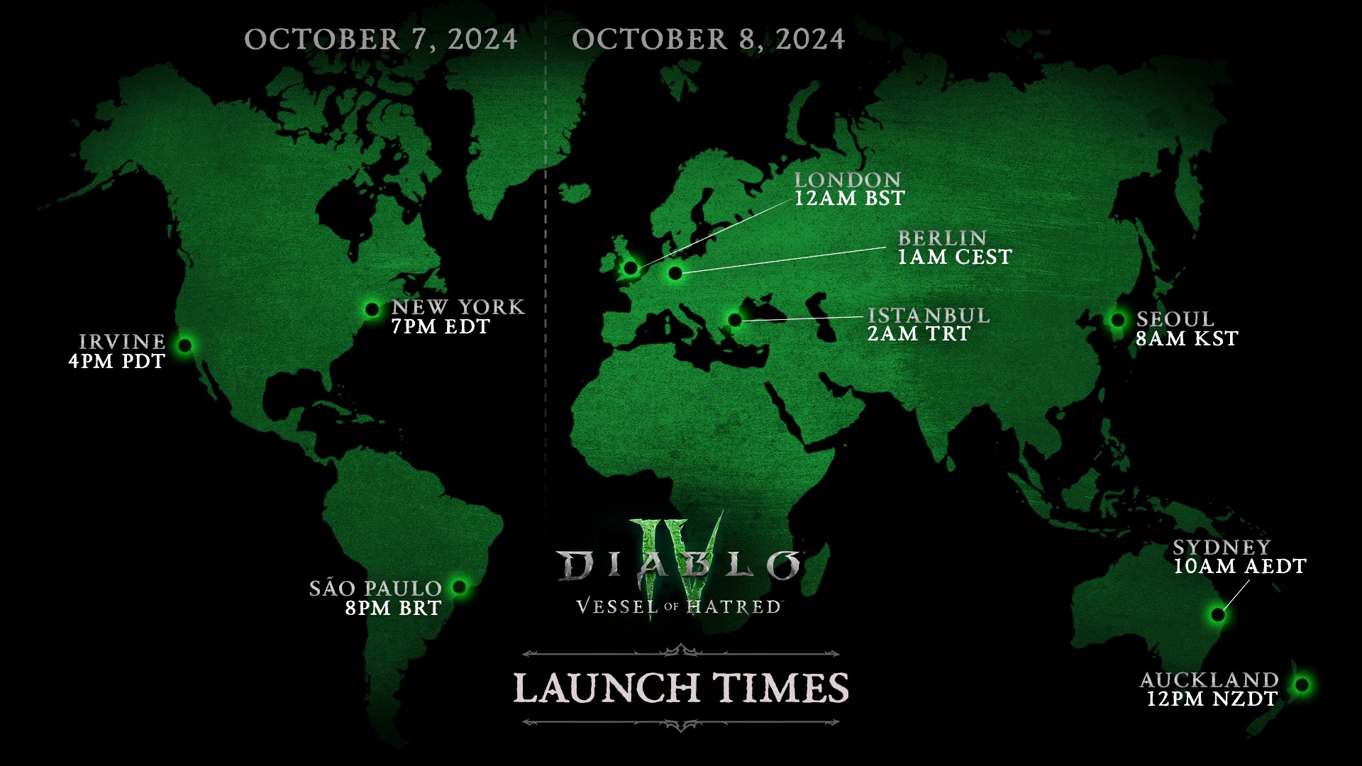 An image shows the launch times for Diablo 4 Vessel of Hatred DLC around the world