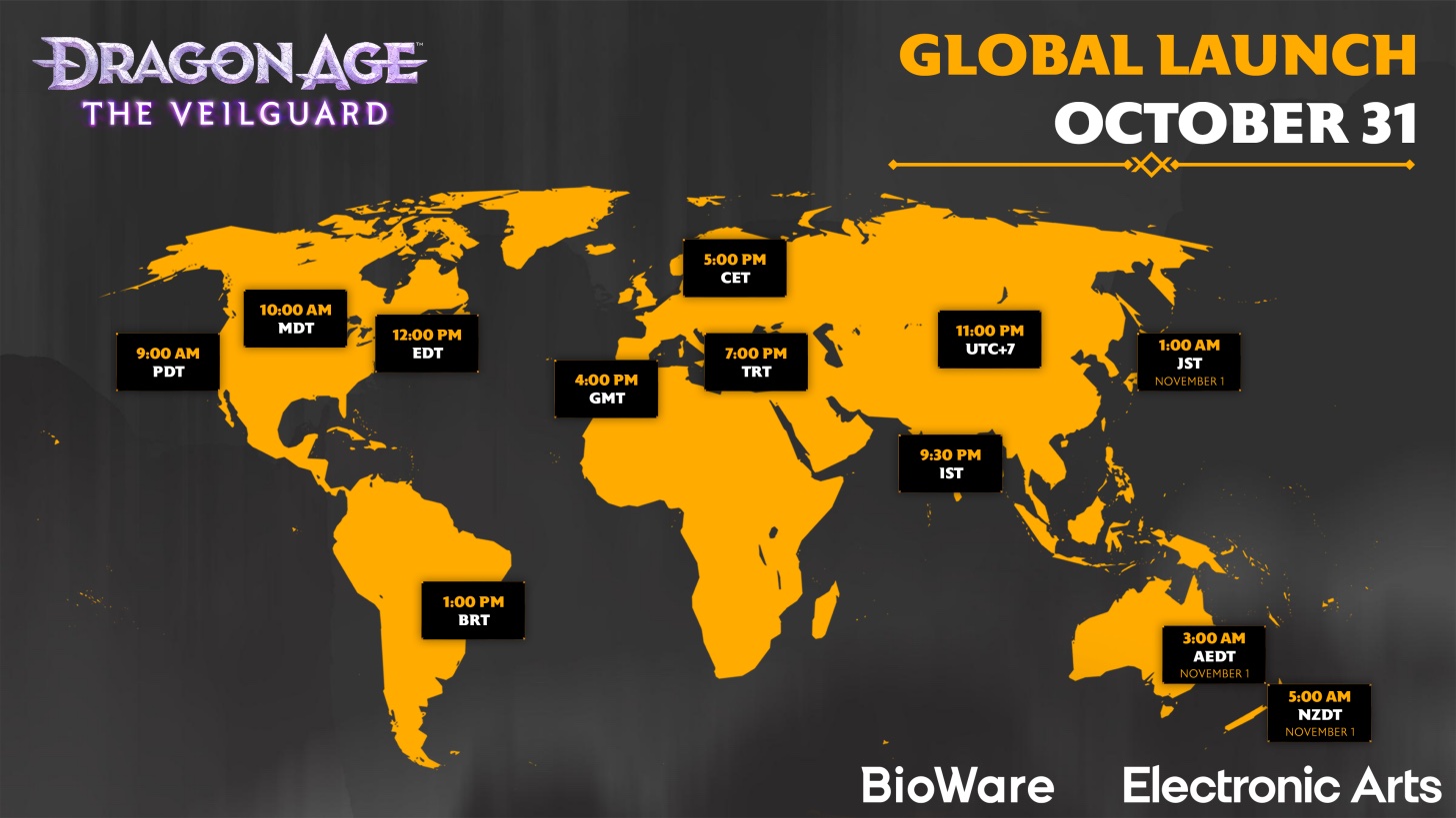 A map shows the Dragon Age Veilguard release time and date globally