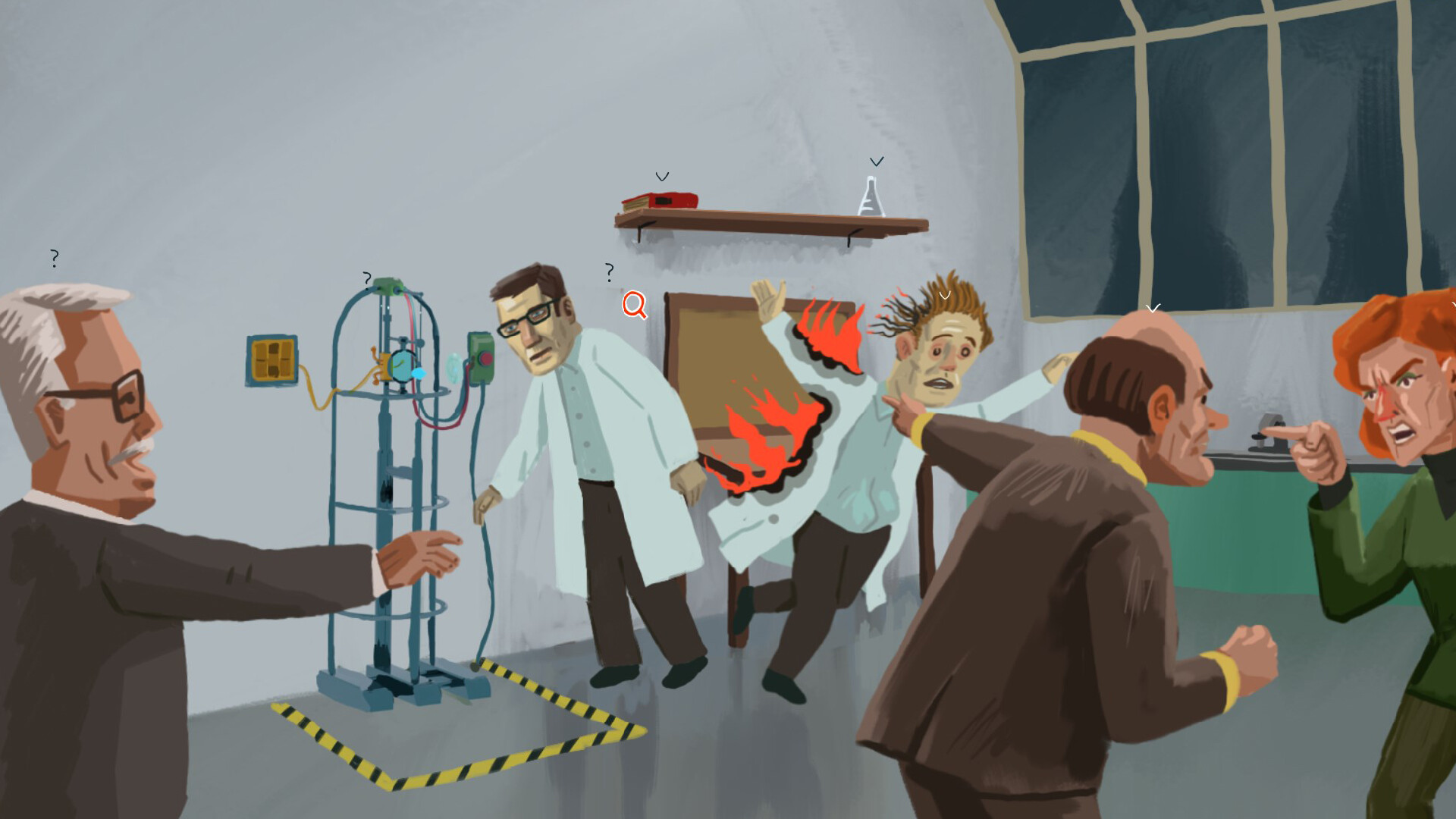 A painting of scientists arguing in The Rise of the Golden Idol. One of them is on fire.