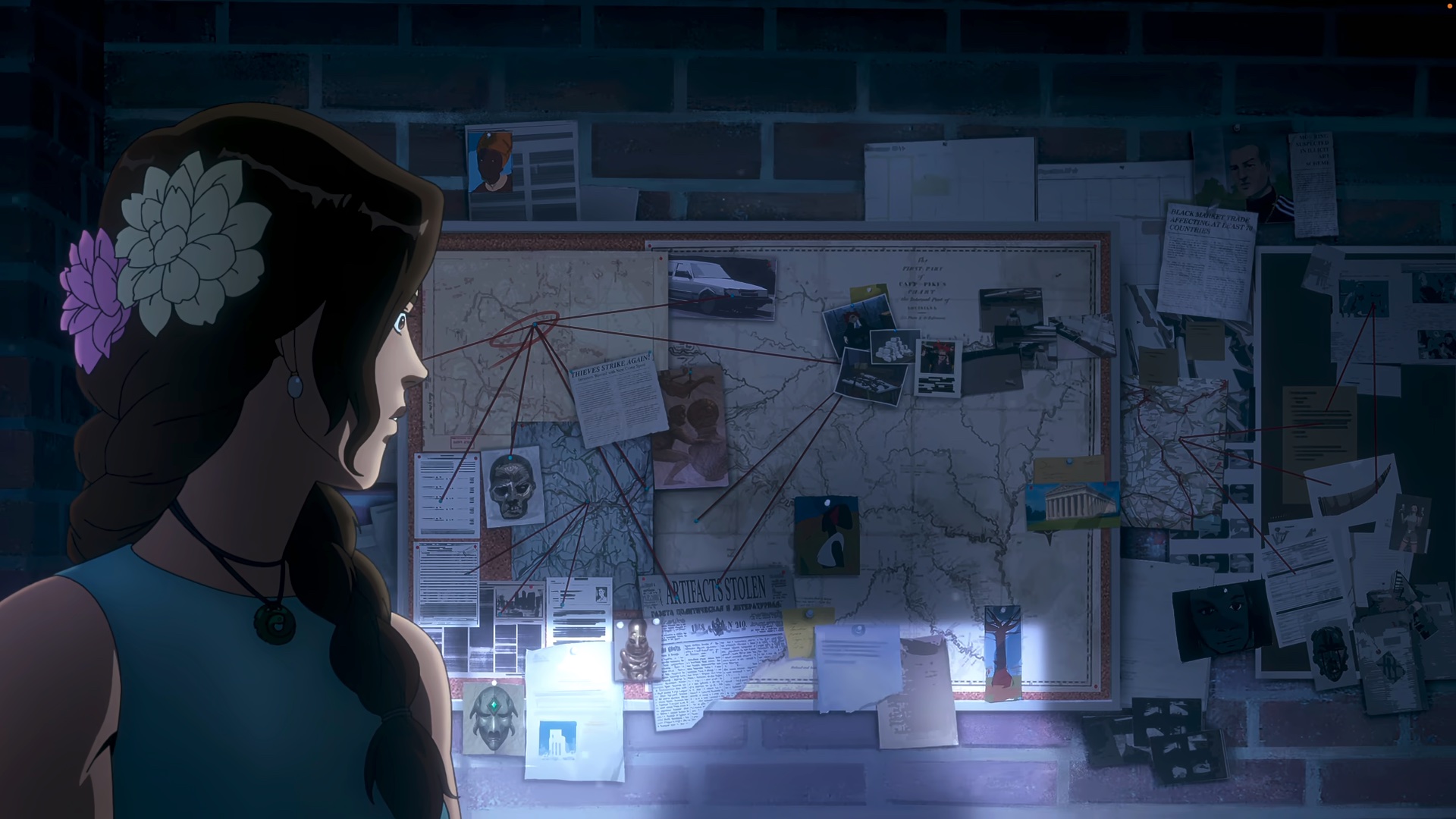 Lara Croft looks at a yarn board of evidence in Tomb Raider animated series season 1