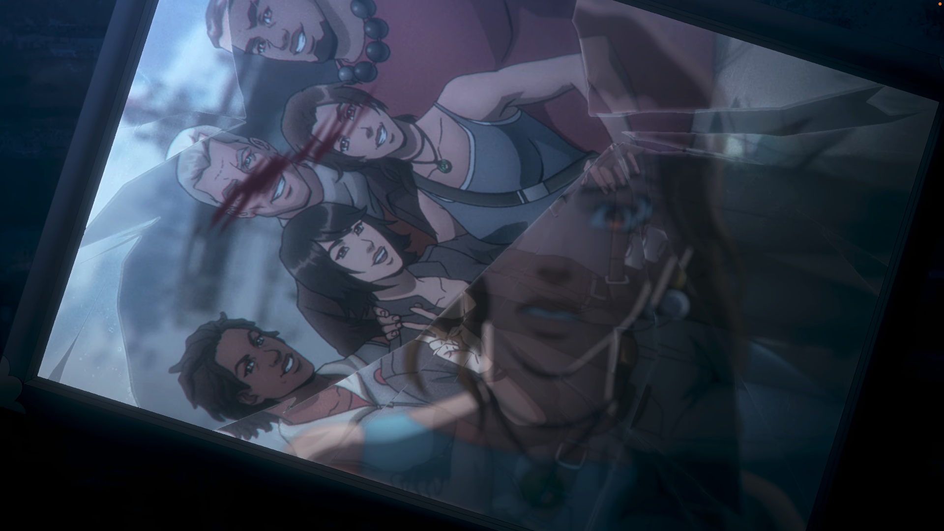 A photo of Lara Croft and friends in a cracked picture frame, with the glass reflecting Lara’s face in the Tomb Raider animated series season 1