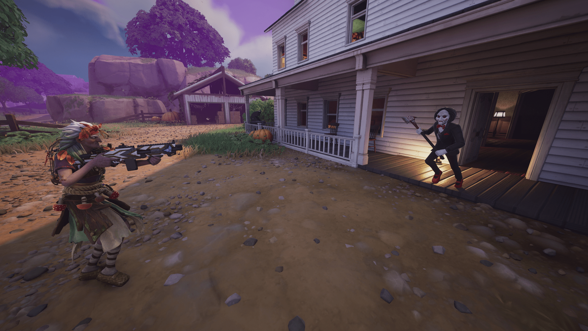 Fortnite Fortnitemares Baba Yaga kiting Billy the Puppet outside of the house in Freaky Fields