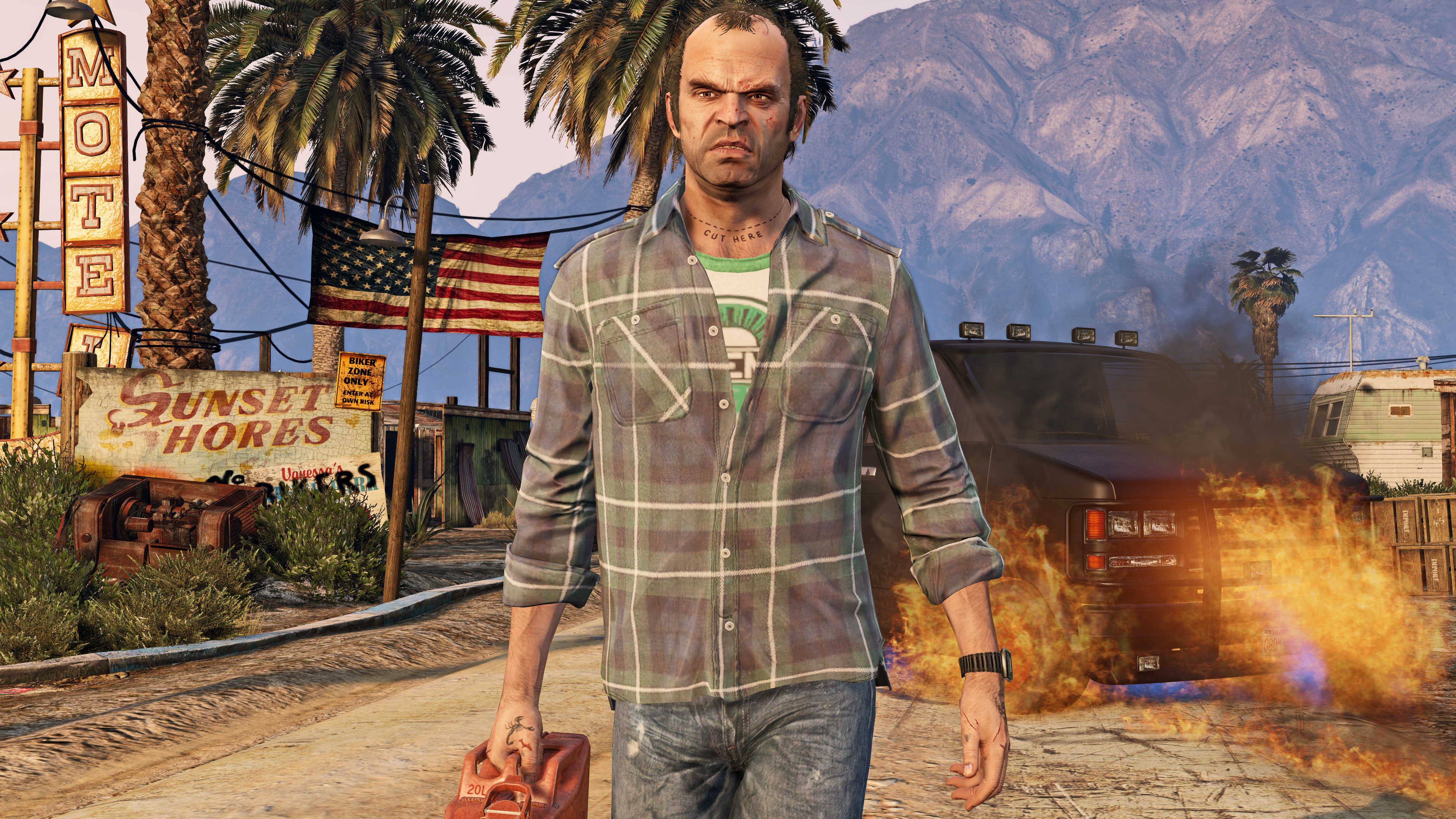 Trevor walks away from a burning van in Grand Theft Auto 5.