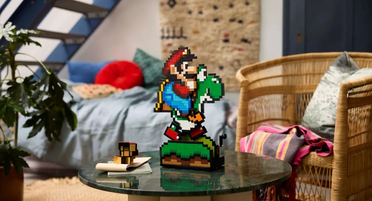 A stock image of the fully assembled Lego Super Mario World: Mario & Yoshi set on a coffee table